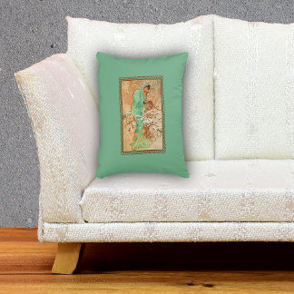 Vintage Art Deco Lady Green Golden Tree Accent Pillow