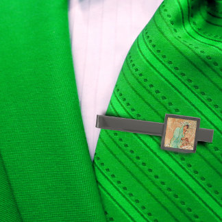 Vintage Art Deco Lady Green Golden Tree Gunmetal Finish Tie Clip