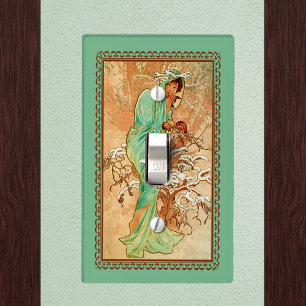 Vintage Art Deco Lady Green Golden Tree Light Switch Cover