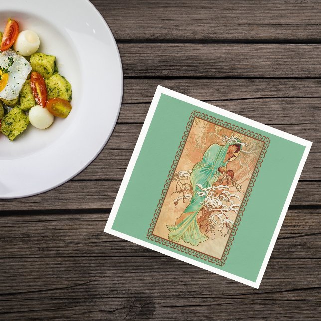Vintage Art Deco Lady Green Golden Tree Napkins (vintage lady in golden tree with snow in frame on mint green napkins.)
