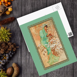 Vintage Art Deco Lady Green Golden Tree Postcard