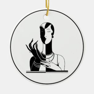 Vintage Art Deco Lady With Pearls Black Transp Ceramic Ornament