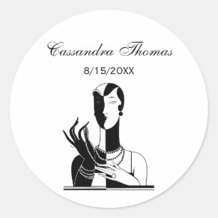 Vintage Art Deco Lady With Pearls Blk White Classic Round Sticker