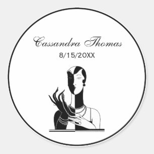 Vintage Art Deco Lady With Pearls Blk White Classic Round Sticker