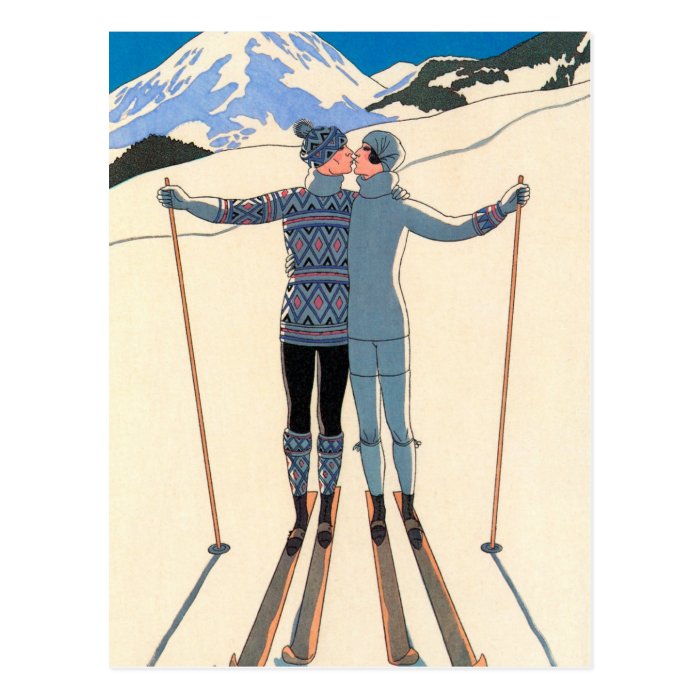 Vintage Art Deco Love Kiss Skis Save the Date Post Cards