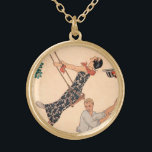 Vintage Art Deco Love, The Swing by George Barbier Gold Plated Necklace<br><div class="desc">Vintage illustration love and romance art deco image with a couple flirting, playing and carefree in the park during the spring season. The woman is swinging on a swing from a tree, her hat is falling off and she is wearing a beautiful floral dress with blooming flowers. The man is...</div>