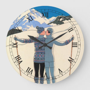 Vintage Art Deco, Lovers in Snow by George Barbier Large Clock