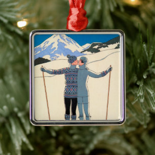 Vintage Art Deco, Lovers in Snow by George Barbier Metal Ornament