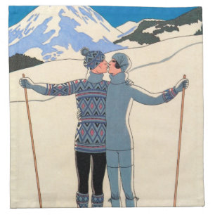 Vintage Art Deco, Lovers in Snow by George Barbier Napkin