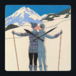 Vintage Art Deco, Lovers in Snow by George Barbier Square Wall Clock<br><div class="desc">Vintage illustration art deco love and romance design featuring a man and a woman kissing on the ski slopes of a beautiful resort. A young couple on vacation kiss on a snow covered mountain in winter. L'Hiver (aka Winter: Lovers in the Snow) by artist George Barbier,  1925.</div>