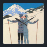 Vintage Art Deco, Lovers in Snow by George Barbier Square Wall Clock<br><div class="desc">Vintage illustration art deco love and romance design featuring a man and a woman kissing on the ski slopes of a beautiful resort. A young couple on vacation kiss on a snow covered mountain in winter. L'Hiver (aka Winter: Lovers in the Snow) by artist George Barbier,  1925.</div>