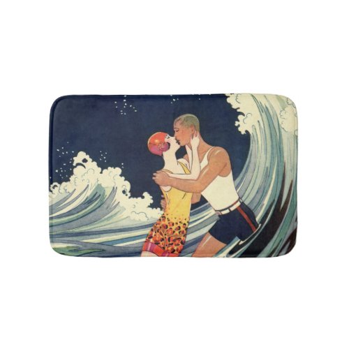 Vintage Art Deco Lovers Kiss in the Waves at Beach Bathroom Mat