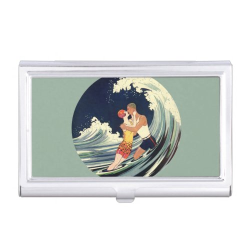 Vintage Art Deco Lovers Kiss in the Waves at Beach Business Card Holder