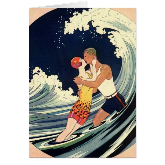 Vintage Art Deco Lovers Kiss in the Waves at Beach Card