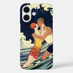 Vintage Art Deco Lovers Kiss in the Waves at Beach iPhone 16 Case