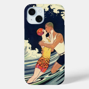 Vintage Art Deco Lovers Kiss in the Waves at Beach iPhone 15 Case