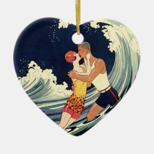 Vintage Art Deco Lovers Kiss in the Waves at Beach Ceramic Ornament