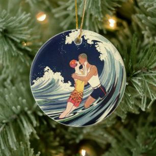 Vintage Art Deco Lovers Kiss in the Waves at Beach Ceramic Ornament