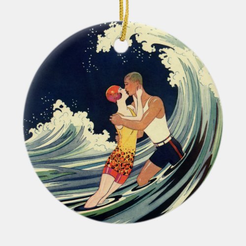 Vintage Art Deco Lovers Kiss in the Waves at Beach Ceramic Ornament