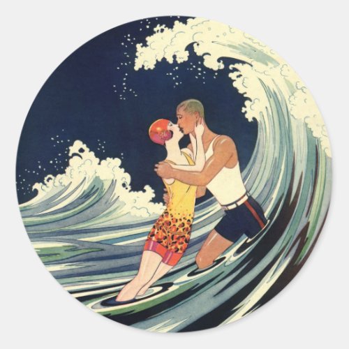 Vintage Art Deco Lovers Kiss in the Waves at Beach Classic Round Sticker