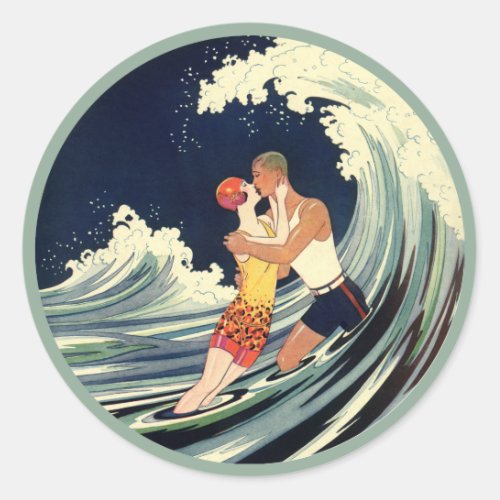 Vintage Art Deco Lovers Kiss in the Waves at Beach Classic Round Sticker