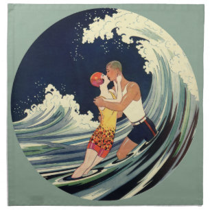 Vintage Art Deco Lovers Kiss in the Waves at Beach Cloth Napkin