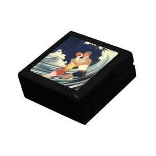 Vintage Art Deco Lovers Kiss in the Waves at Beach Gift Box