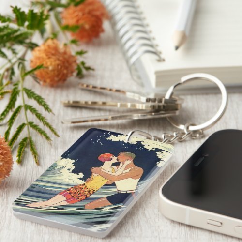 Vintage Art Deco Lovers Kiss in the Waves at Beach Keychain