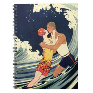 Vintage Art Deco Lovers Kiss in the Waves at Beach Notebook