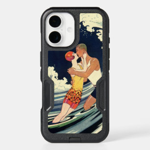 Vintage Art Deco Lovers Kiss in the Waves at Beach iPhone 16 Case