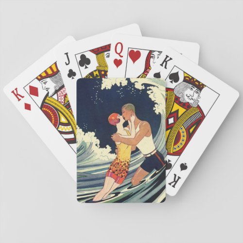 Vintage Art Deco Lovers Kiss in the Waves at Beach Playing Cards