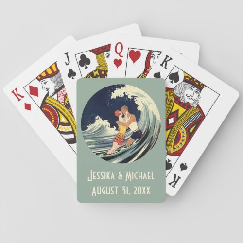 Vintage Art Deco Lovers Kiss in the Waves at Beach Playing Cards