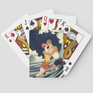 Vintage Art Deco Lovers Kiss in the Waves at Beach Poker Cards