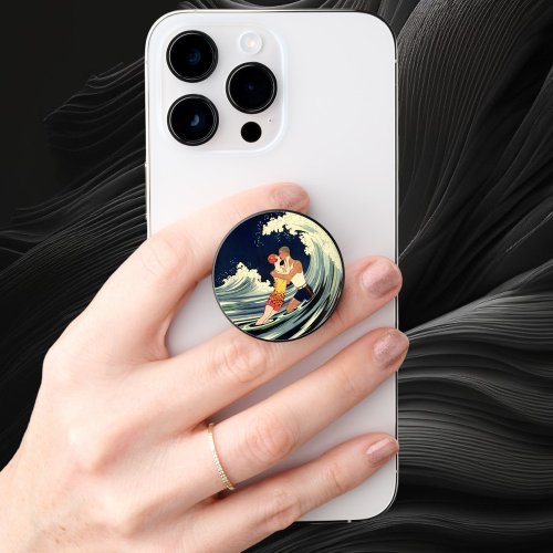 Vintage Art Deco Lovers Kiss in the Waves at Beach PopSocket