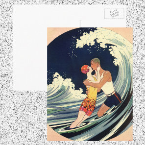 Vintage Art Deco Lovers Kiss in the Waves at Beach Postcard