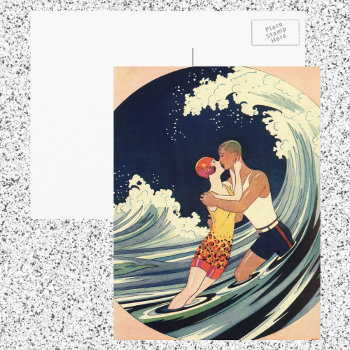 Vintage Art Deco Lovers Kiss In The Waves At Beach Postcard by YesterdayCafe at Zazzle