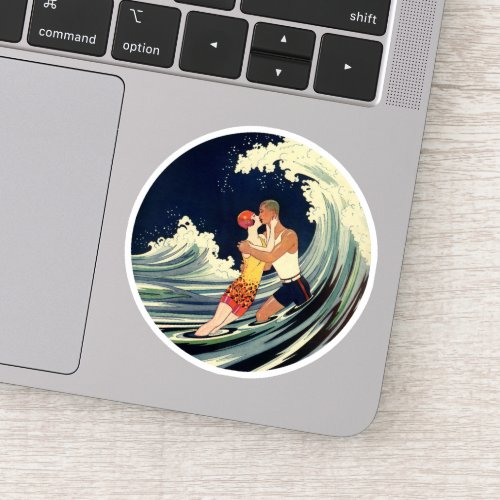 Vintage Art Deco Lovers Kiss in the Waves at Beach Sticker