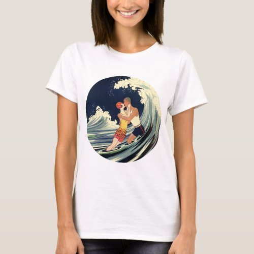 Vintage Art Deco Lovers Kiss in the Waves at Beach T_Shirt