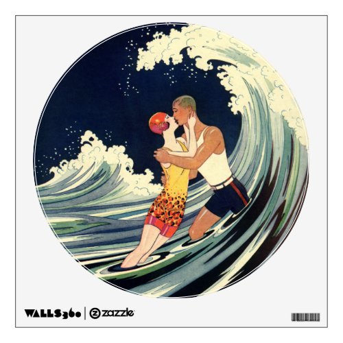 Vintage Art Deco Lovers Kiss in the Waves at Beach Wall Sticker