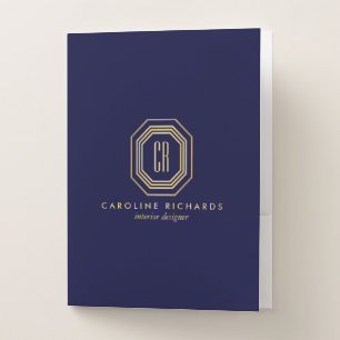 Vintage Art Deco Monogram Gold/Navy Blue Pocket Folder