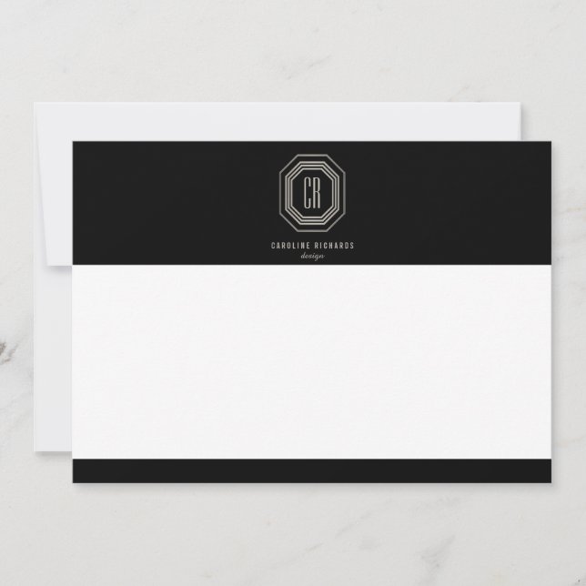 Vintage Art Deco Monogram Gray/Black Flat Notecard (Front)
