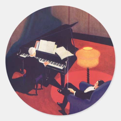 Vintage Art Deco Music Lounge Piano Player Pianist Classic Round Sticker