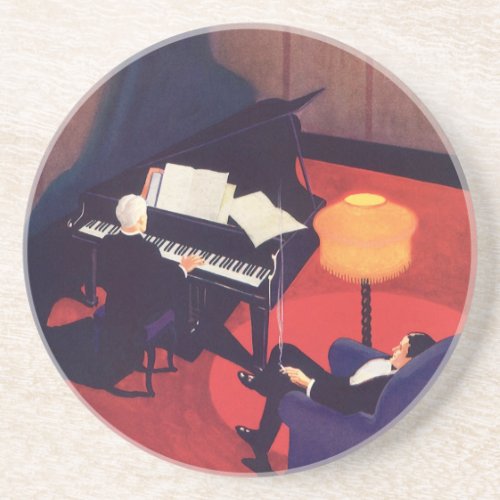 Vintage Art Deco Music Lounge Piano Player Pianist Sandstone Coaster