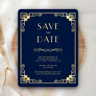Vintage Art Deco Navy Blue Gold Wedding Photo Save The Date
