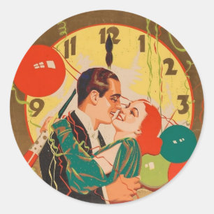 Vintage Art Deco New Year’s Eve Kiss Clock  Classic Round Sticker