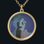 Vintage Art Deco Newlyweds, Oui by George Barbier Gold Plated Necklace<br><div class="desc">Vintage illustration love and romance art deco image with a man and a woman dressed in formal attire ballroom dancing in the moonlight; she is in an elegant wedding gown resembling a flower with petals and he is in his finest tuxedo. The couple is standing on a balcony overlooking the...</div>