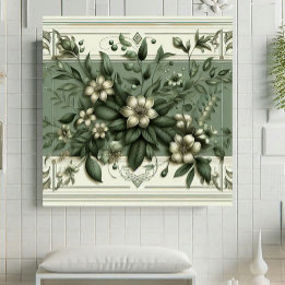 Vintage Art Deco Sage Green Flora Botanical Design Ceramic Tile