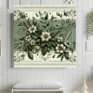 Vintage Art Deco Sage Green Flora Botanical Design Ceramic Tile