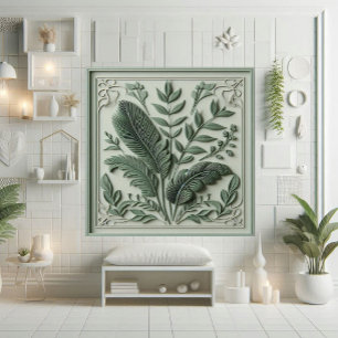 Vintage Art Deco Sage Green Leaf Botanical Design  Ceramic Tile