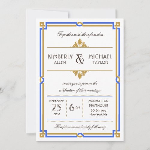 Vintage Art Deco Sapphire Blue &amp; Gold Wedding Custom Invitation